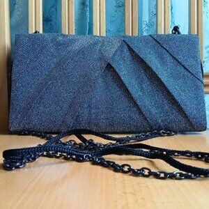 Black Silver Clutch Kate Landry Shimmer Pleated Formal Evening Purse Chain Cord